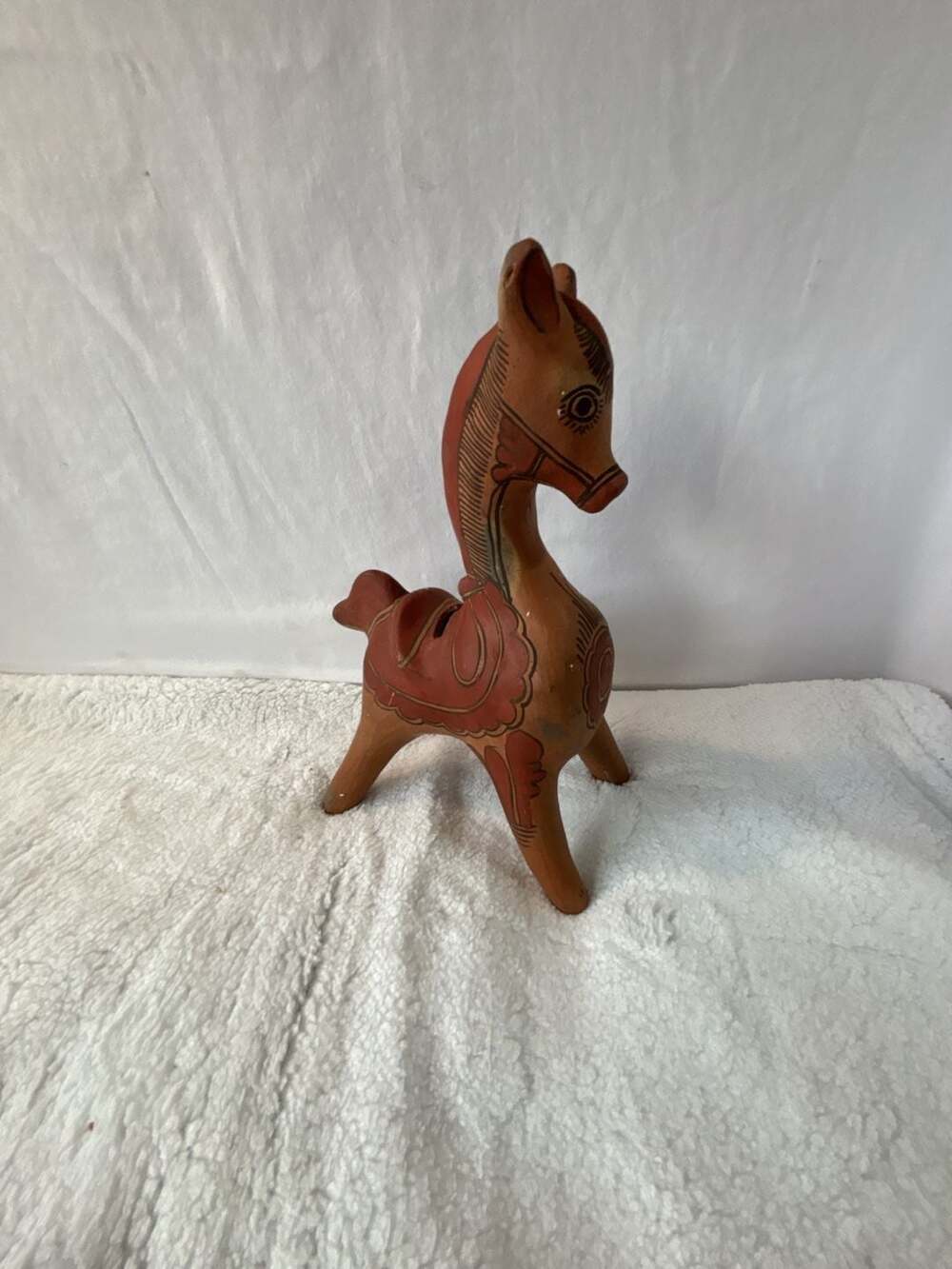 Vintage Mexican Folk Art Hand Painted Terracotta Horse Coin Bank